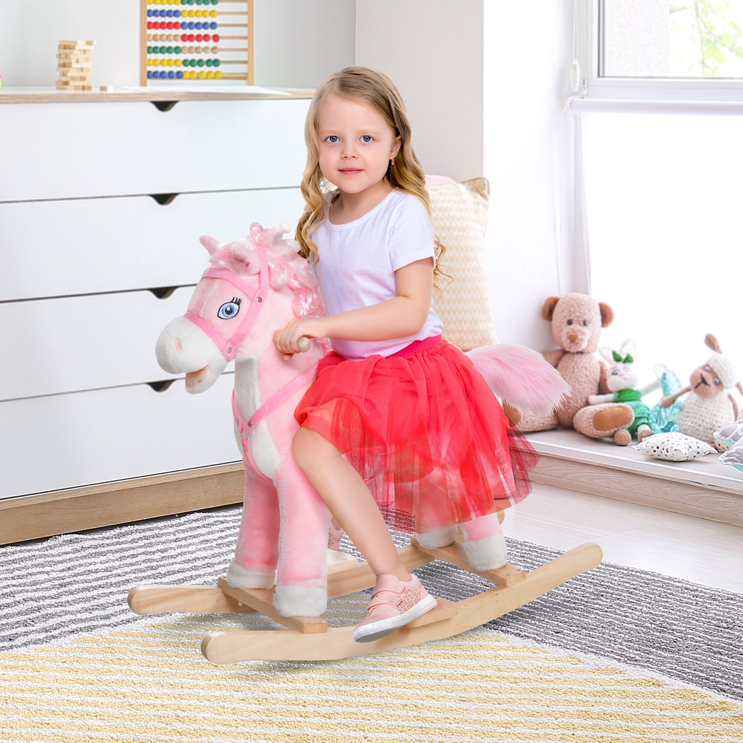 Plush Rocking Horse, Realistic Sounds, Swinging Tail, Pink, Ideal Birth Gift, Joyful Engaging, For 3 Years