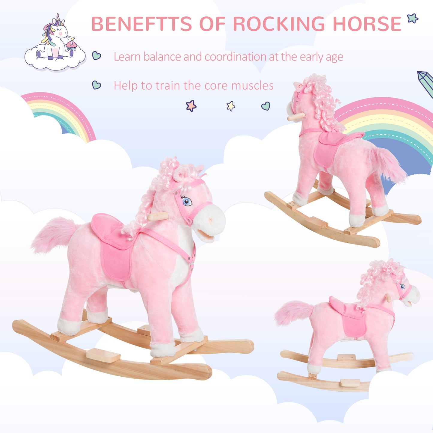 Plush Rocking Horse, Realistic Sounds, Swinging Tail, Pink, Ideal Birth Gift, Joyful Engaging, For 3 Years