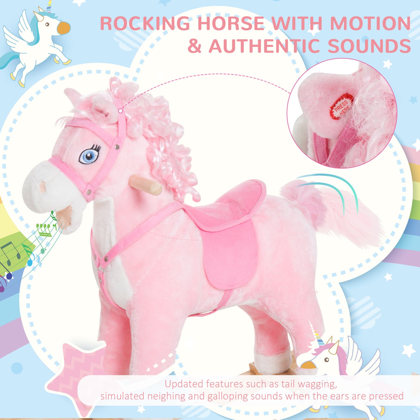 Plush Rocking Horse, Realistic Sounds, Swinging Tail, Pink, Ideal Birth Gift, Joyful Engaging, For 3 Years