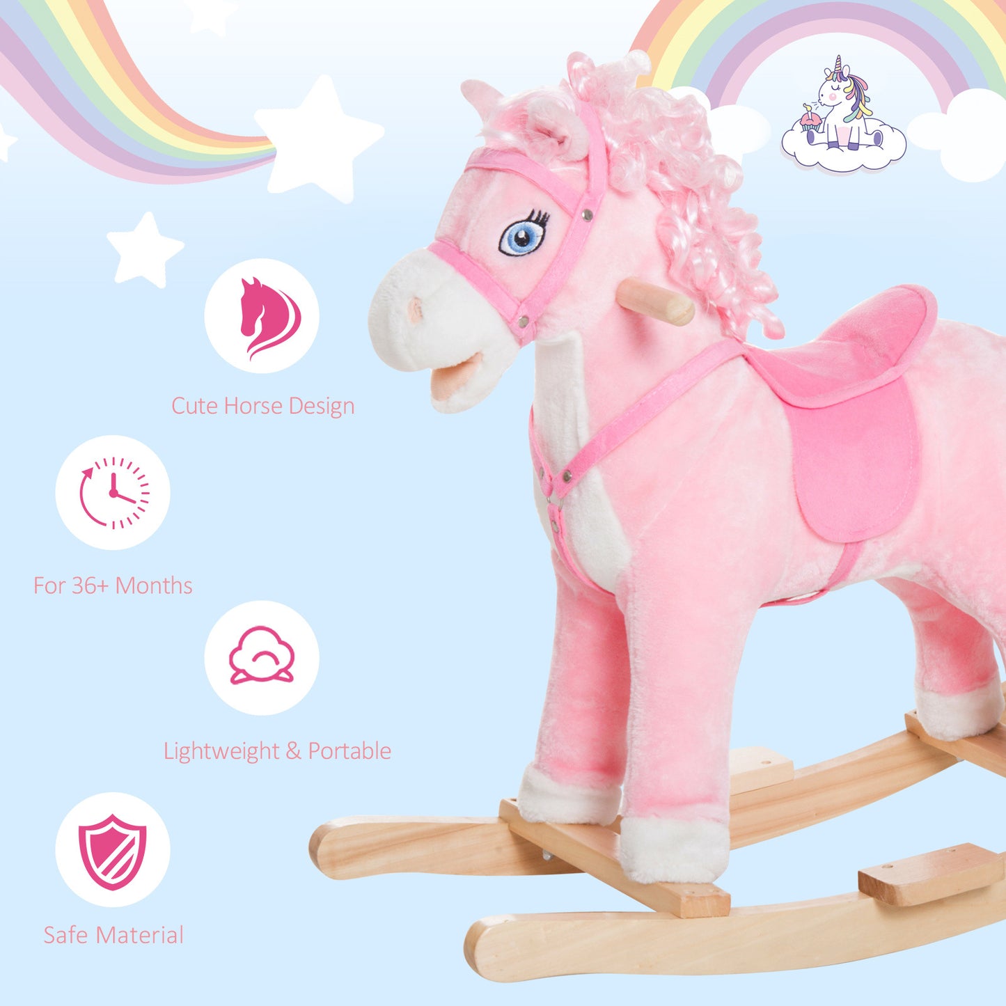 Plush Rocking Horse, Realistic Sounds, Swinging Tail, Pink, Ideal Birth Gift, Joyful Engaging, For 3 Years